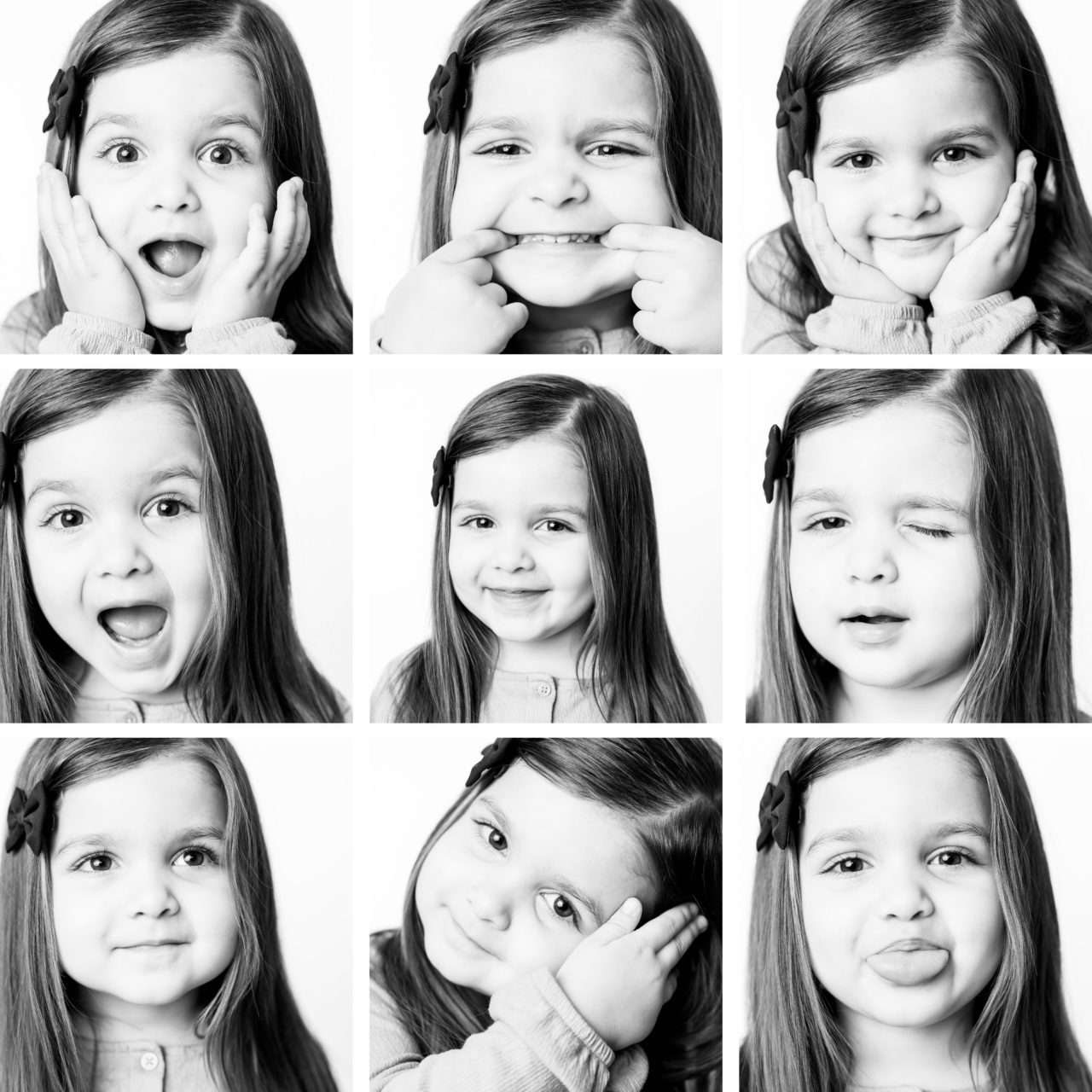 Black and white photo grid of professional portraits of young girl by Paper Bunny Studios Edmonton