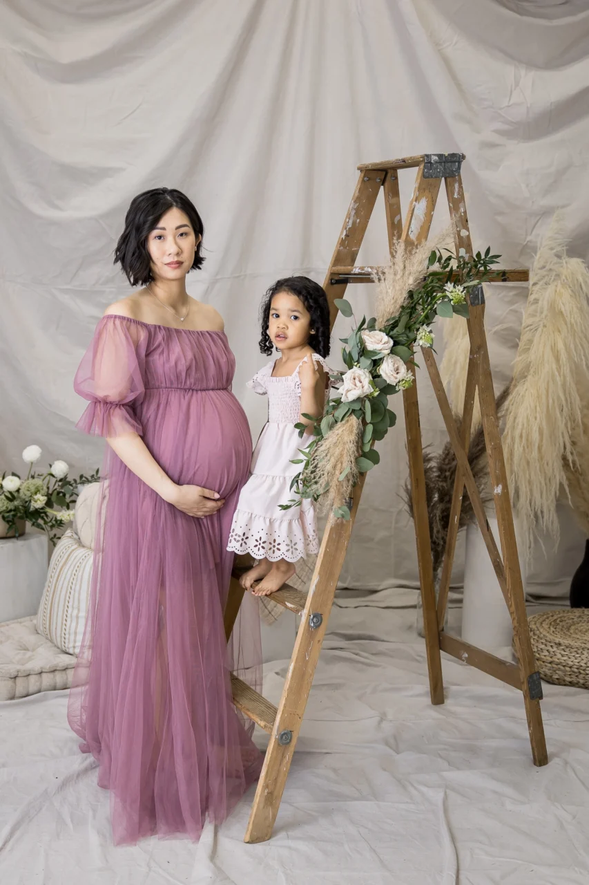 Elegant portrait of mom & daughter, sat on wooden ladder, by Edmonton family photographer Paper Bunny Studios