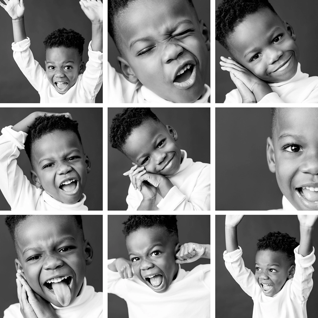 grid of black & white children's portrait photos by Paper Bunny Studios showing different aspects of a kids personality