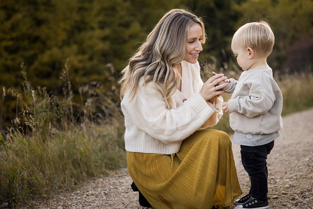 Outdoor documentary Fall family photos mom and son in Edmonton by Paper Bunny Studios