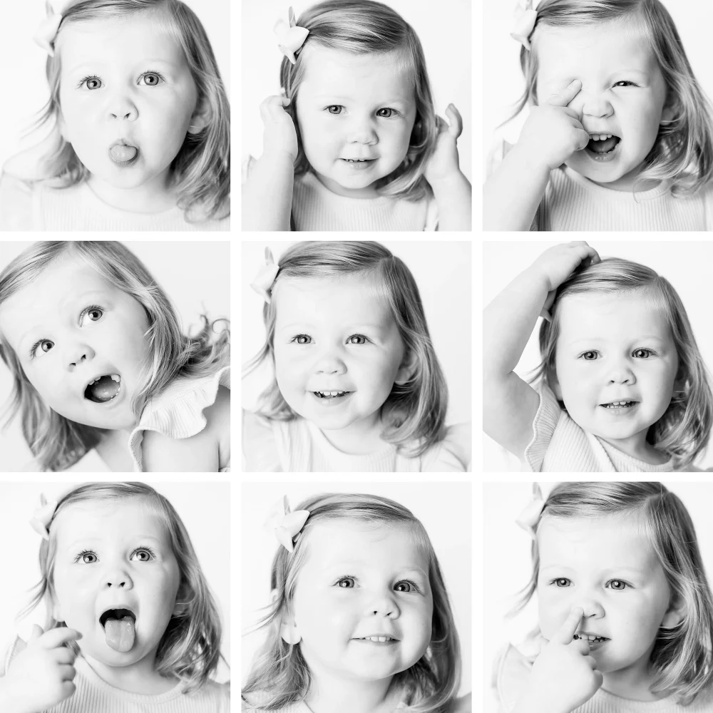 black and white portrait grid of toddler against a white backdrop by Edmonton Family Photographer Paper Bunny Studios