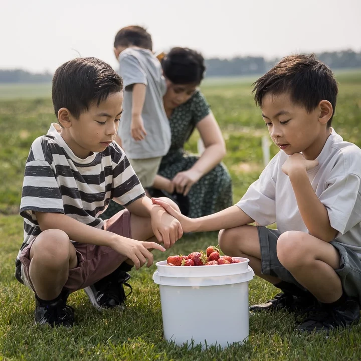 Photojournalism of family picking strawberries by Edmonton family photographer Paper Bunny Studios